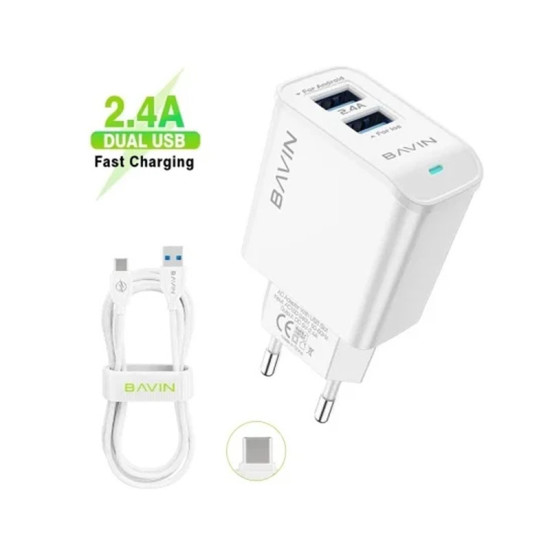 Bavin 2.4A 2xUSB-A + kabl type-A na type-C beli punjač