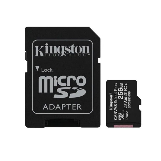 Kingston SDCS2/256GB MicroSD 256GB, Canvas Select Plus, Class 10 UHS-I U3 V30 A1, Read up to 100MB/s, Write up to 85MB/s, w/SD adapter