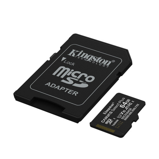 Kingston SDCS3/64GB MicroSD 64GB, Canvas Select Plus, Class 10 UHS-I U1 V10 A1, Read up to 100MB/s, w/SD adapter