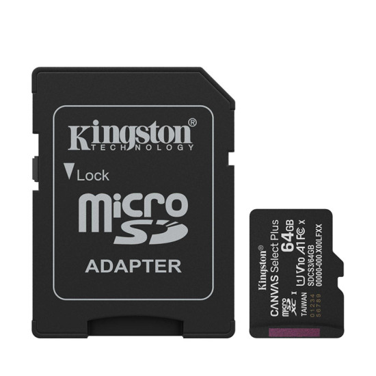 Kingston SDCS3/64GB MicroSD 64GB, Canvas Select Plus, Class 10 UHS-I U1 V10 A1, Read up to 100MB/s, w/SD adapter