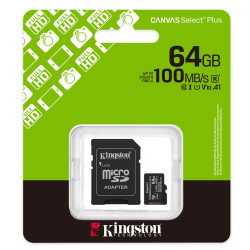 Kingston SDCS3/64GB MicroSD 64GB, Canvas Select Plus, Class 10 UHS-I U1 V10 A1, Read up to 100MB/s, w/SD adapter